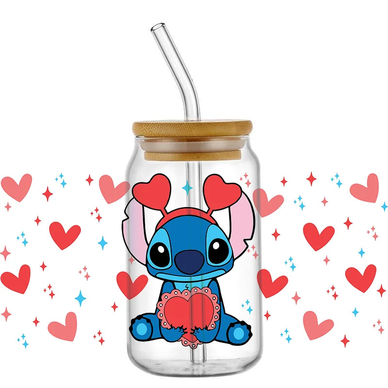 UV DTF Cup Mug Wraps Miniso Lovely Cartoon stitch 3D Transfer Sticker for 16oz Libbey Glasses  Cup Waterproof  DIY Sticker