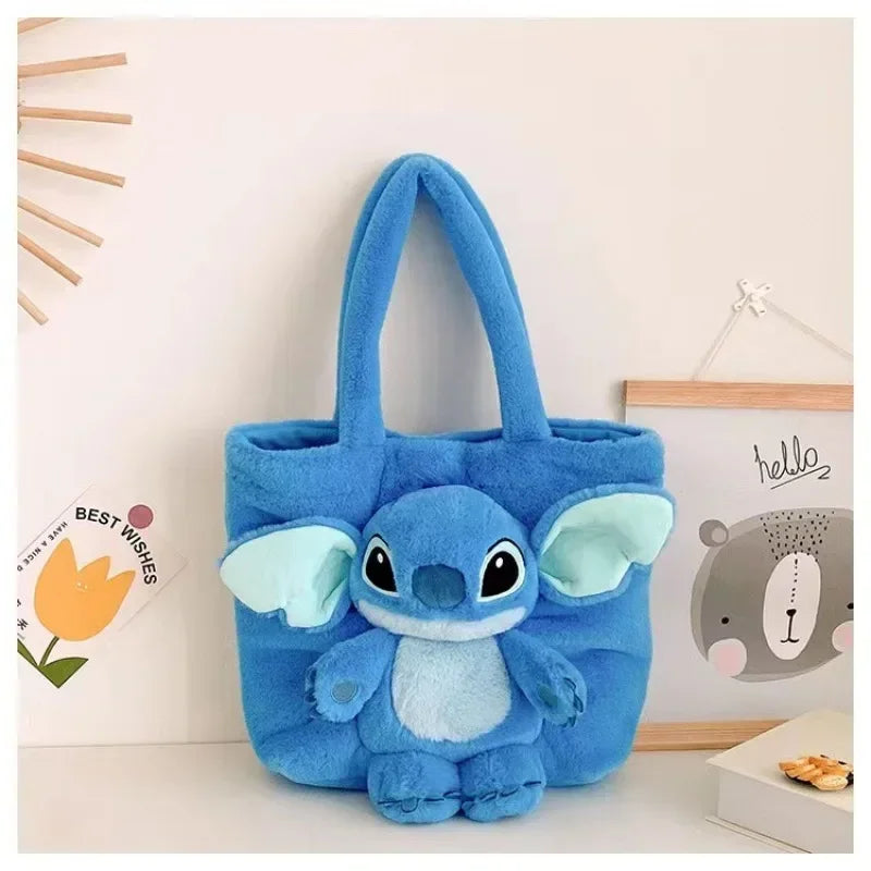 MINISO 2024 New Cartoon Plush Doll Shoulder Bag Sweet and Cute Stitch Strawberry Bear Soft Cute Girls Handbag