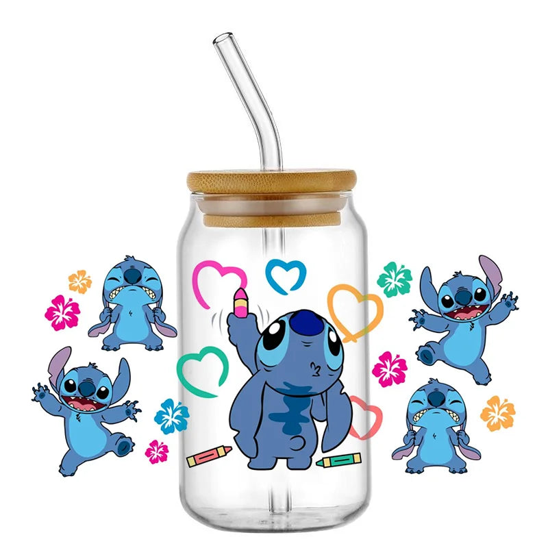 Miniso Stitch 16oz UV DTF Cup Wrap Cartoon Transfers Libbey Wrap Tumbler DIY Logo Sticker Glass Can Selfadhesive Waterproof