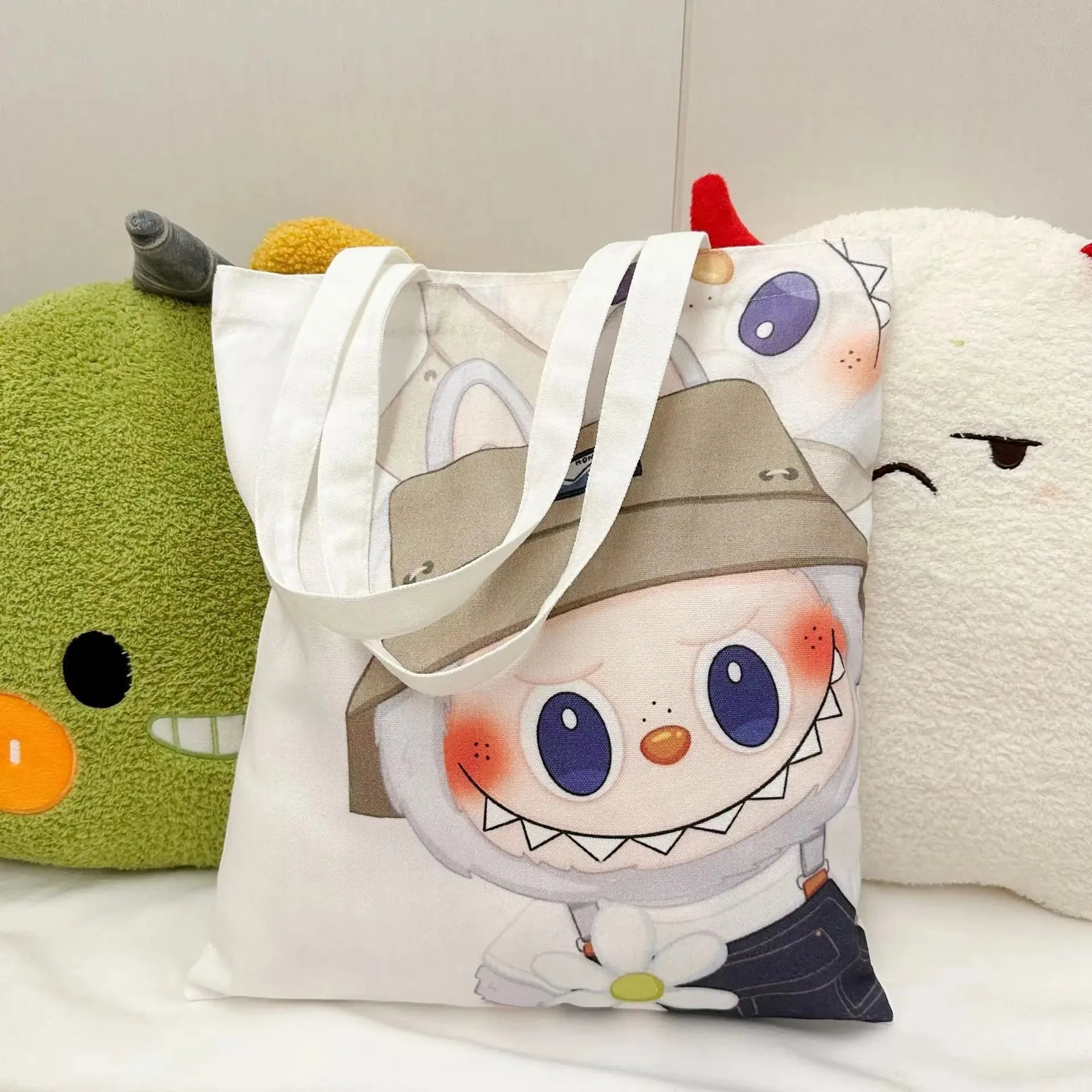 Lisa Same Labubu Canvas Bag Female Cute Cartoon Shopping HandBag Casual Student Shoulder Bag The Monsters Crossbody Bags