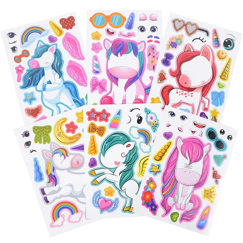 6/12Sheets Cartoon Unicorn Make A Face Assemble DIY Sticker Girls Unicorn Birthday Party Decoration Supplies Gifts for guests