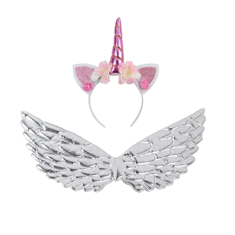 Unicorn Headband Girls' Fairy Rainbow Wings Flowers Headwear Accessory Unicorn Birthday Party Decoration Princess Dress Up Toys