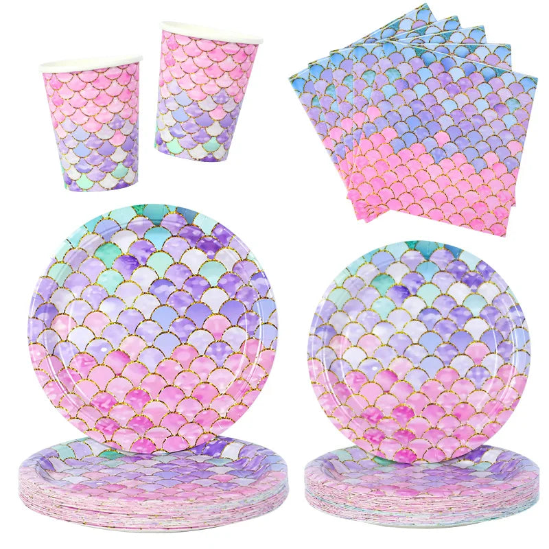 Mermaid Disposable Tableware Set Little Mermaid Paper Plates Cup Tablecloth Kids Girl Mermaid Birthday Party Decoration Supplies