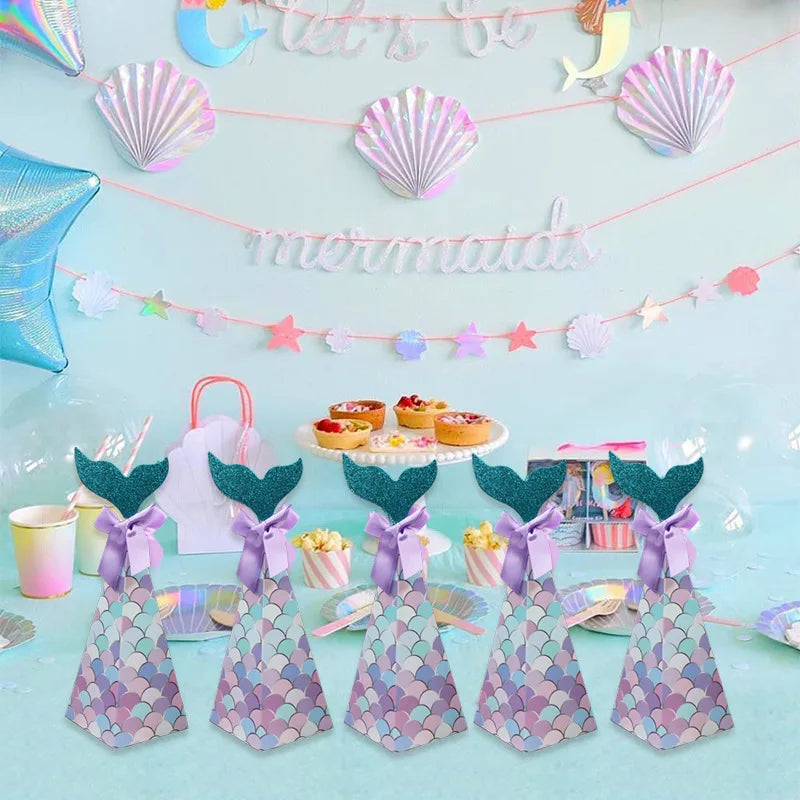 50PCMermaid Tail Candy Box Festival Gift Packaging Paper Bag Popcorn Boxes Kids Little Favors Mermaid Birthday Party Decorations