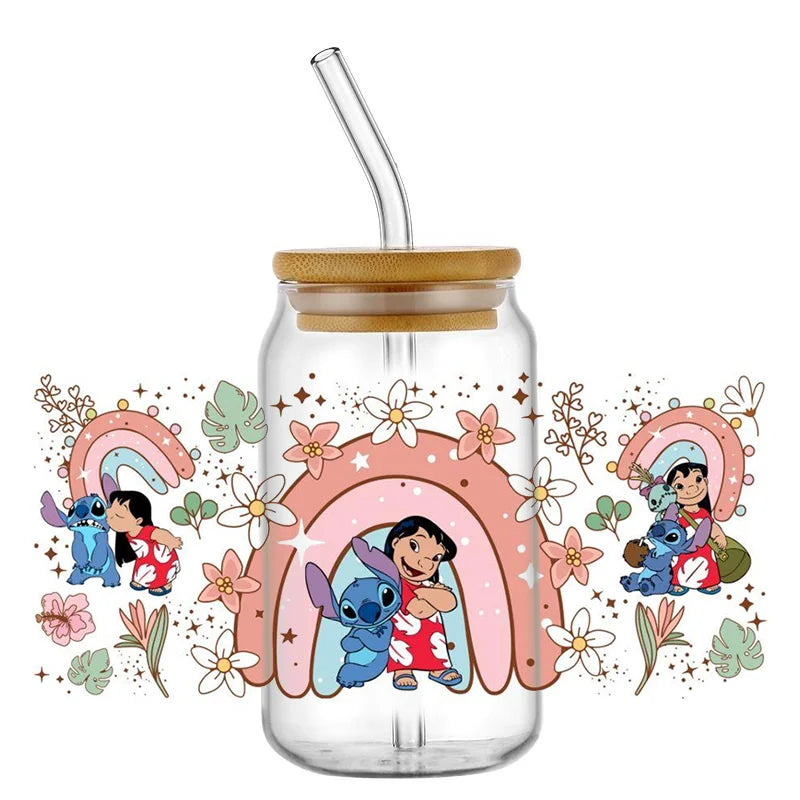Miniso Stitch 16oz UV DTF Cup Wrap Cartoon Transfers Libbey Wrap Tumbler DIY Logo Sticker Glass Can Selfadhesive Waterproof