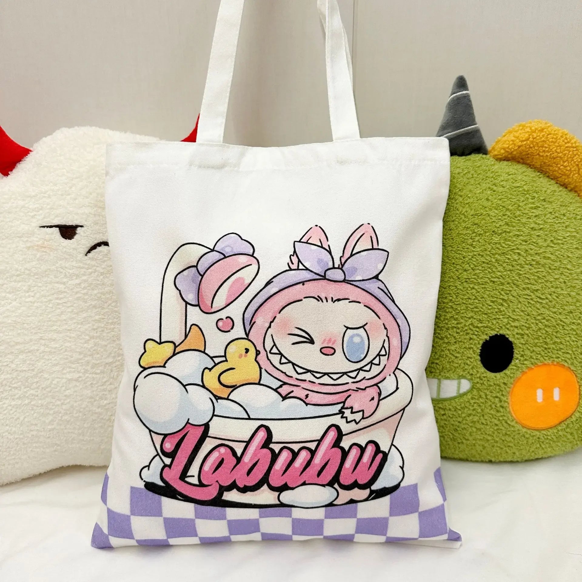 Lisa Same Labubu Canvas Bag Female Cute Cartoon Shopping HandBag Casual Student Shoulder Bag The Monsters Crossbody Bags
