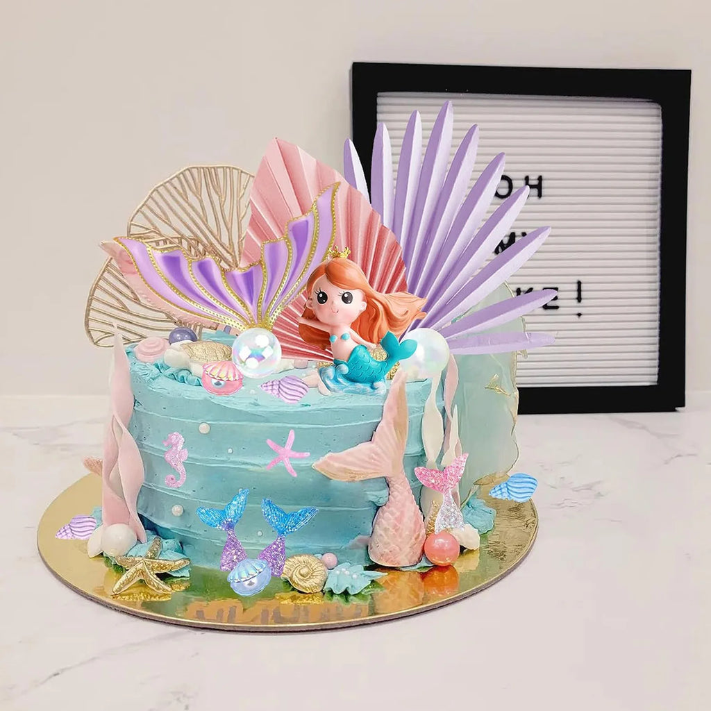 Mermaid Cake Topper Big Mermaid Tails Seaweed Bubbles Shells and Golden Ginkgo Leaves Cake Set for Mermaid Cake Decorations