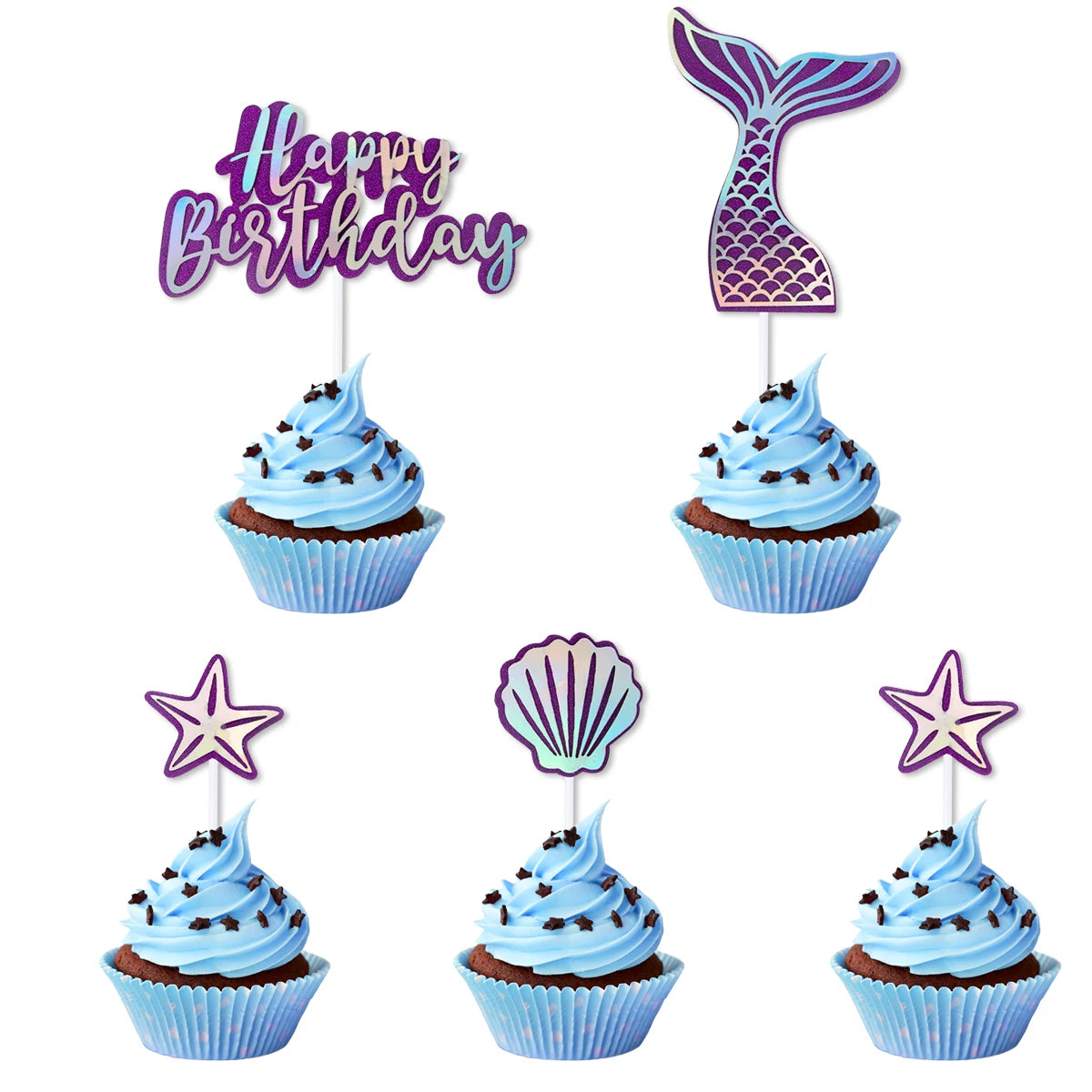 Mermaid Party Cake Decor Glitter Shell Starfish Mermaid Tail Cake Topper Under the Sea Girls 1st 2th Birthday Cupcake Topper