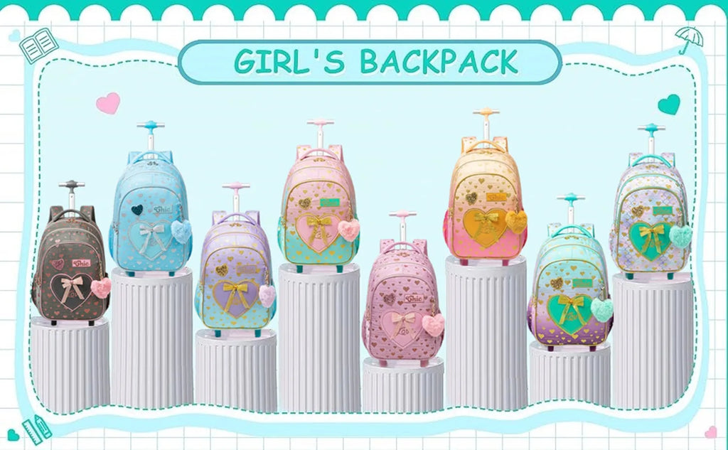 Children's School Backpack with Wheels Kids Wheeled School Bag Teenagers Bag Girls Canvas Backpack Travel Luggage Trolley Bags