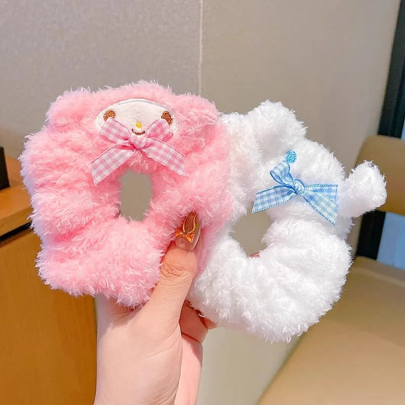 4Pcs Sanrio Hello Kitty Plush Elastic Hair Rope Cute Anime Cartoon Girls Hair Accessories Hair Band Charm Ponytail Holder Gifts