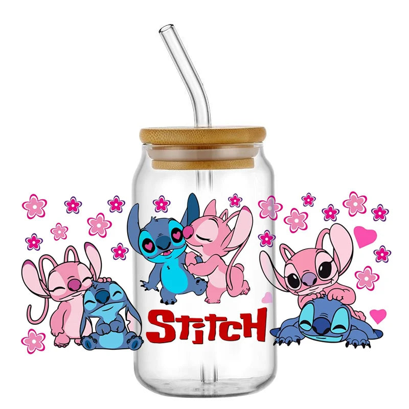 Miniso Stitch 16oz UV DTF Cup Wrap Cartoon Transfers Libbey Wrap Tumbler DIY Logo Sticker Glass Can Selfadhesive Waterproof