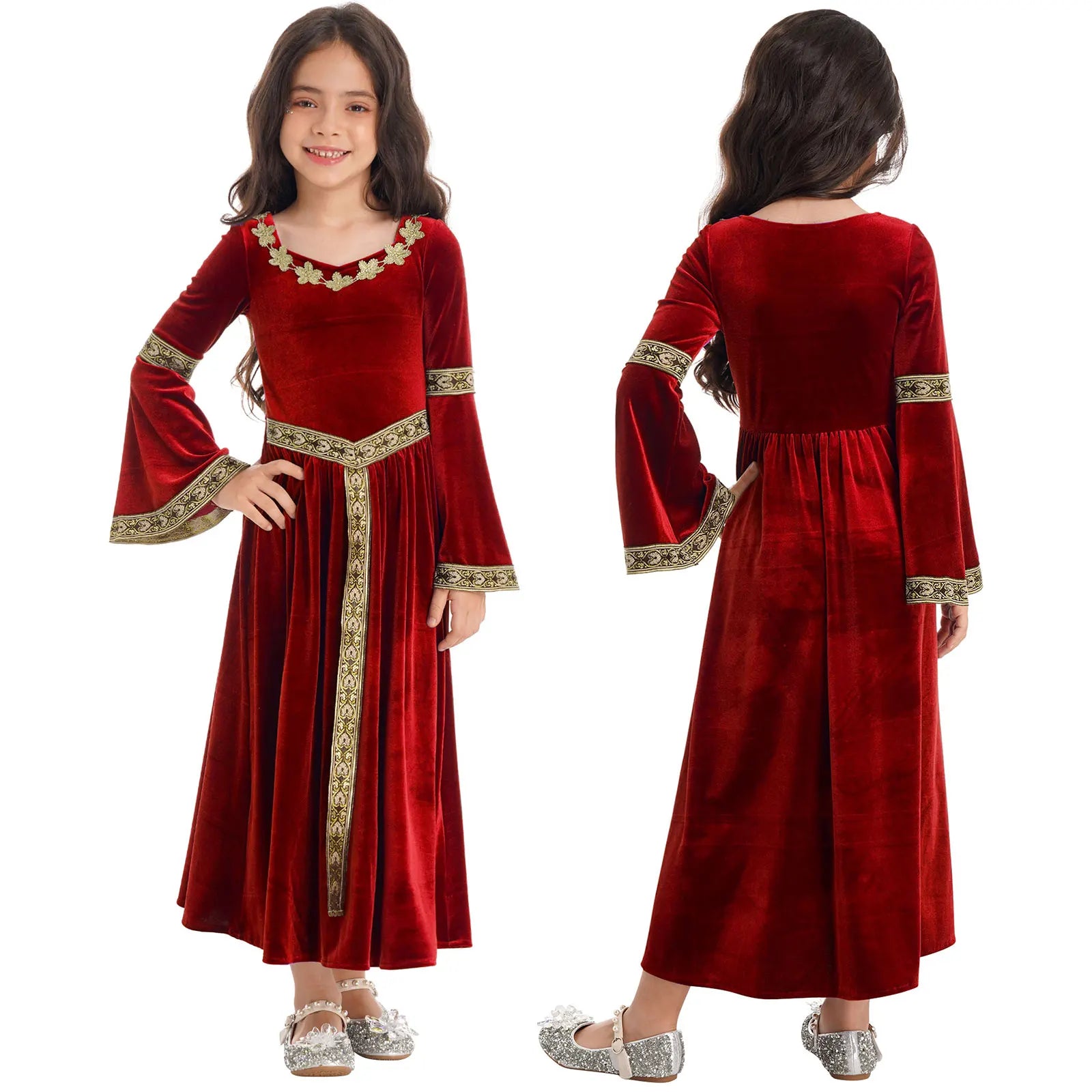 Kids Girls Medieval Renaissance Princess Costume Velvet Long Flare Sleeve Vintage Dress Gown Carnival Party Cosplay Dress Up