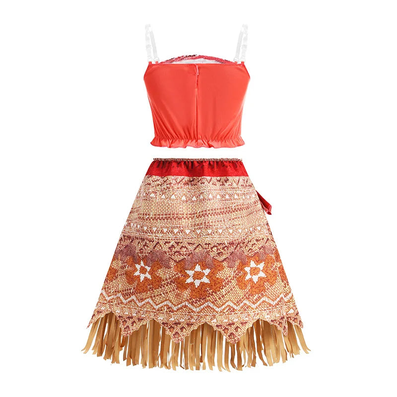 Girls Moana Princess Dress for Kids Carnival Cosplay Vaiana Costume Children Birthday Party Headwear Necklace Flower Clothes Set