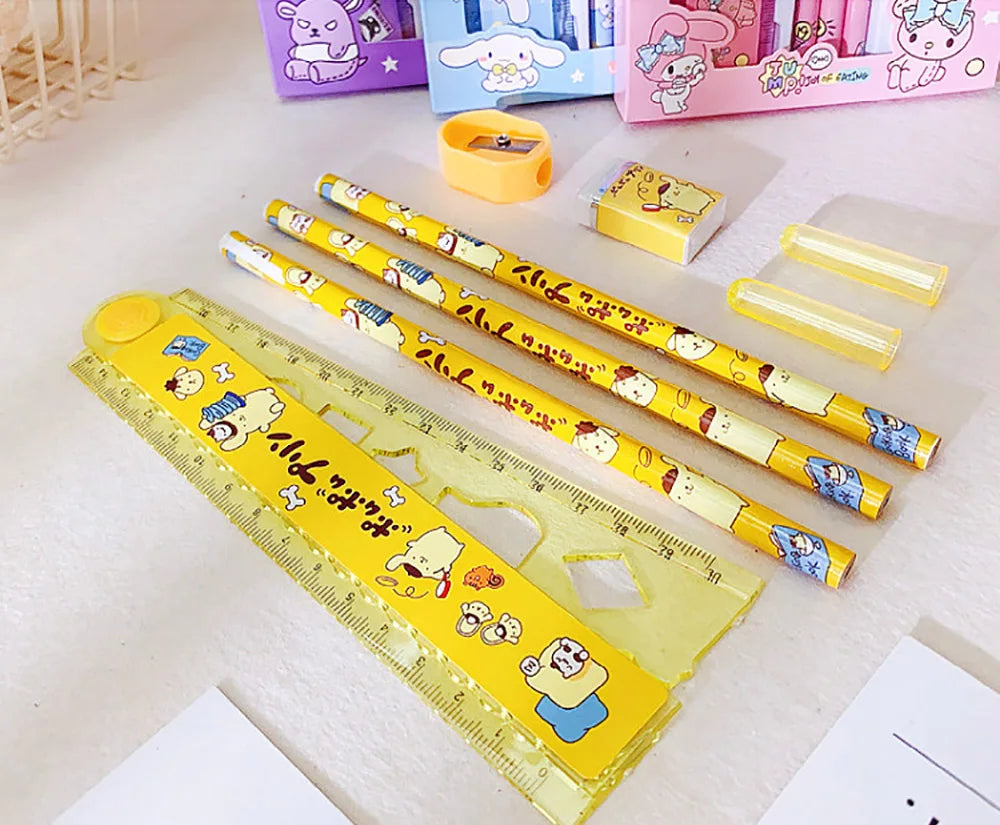 Sanrio Hellokitty Cinnamoroll Melody Kuromi Stationery Set Pencils Erasers Rulers Cartoon School Supplies Study Stationery Gifts