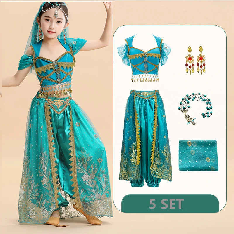  Kids India Princess Belly Dance Set Oriental Indian Dance Sari Girl Performance Costume Bollywood Children Stage Outfit