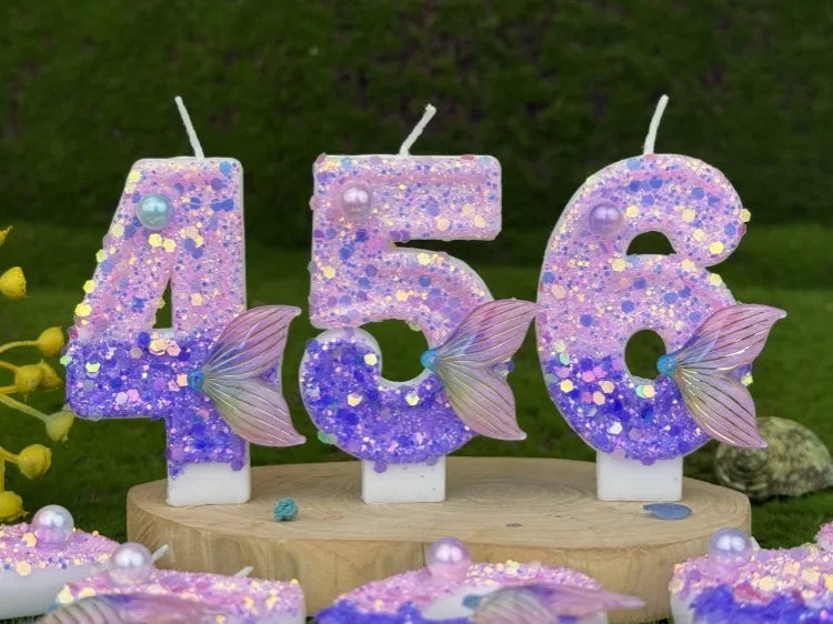 Purple Mermaid Tail Glitter 0-9 Number Candle Birthday Party Candle for Girls Cake Decoration