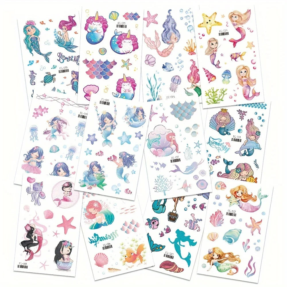 12 Sheets Glitter Mermaid Tattoo Stickers For Kids Cute Unicorn Temporary Tattoos Body Art Fake Tattoo Birthday Party Favors
