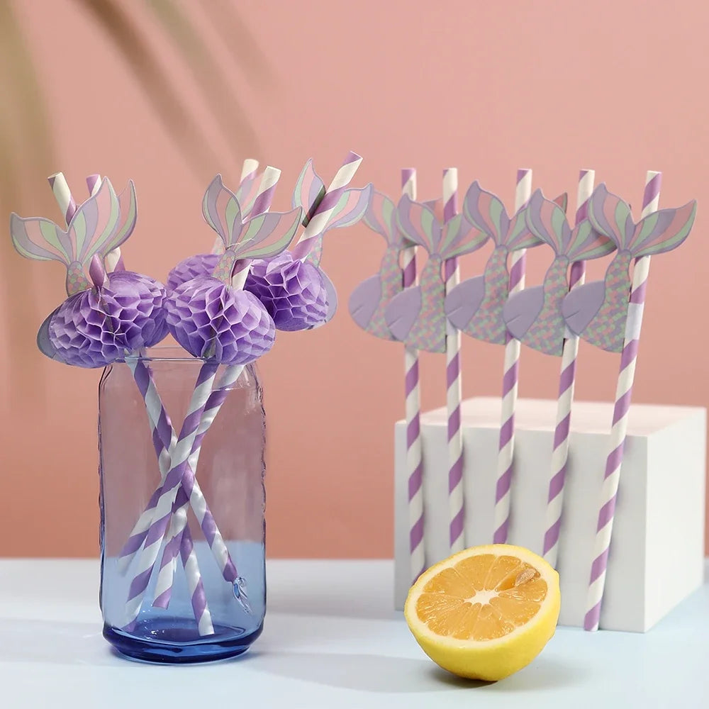 10pcs Purple Mermaid Paper Honeycomb Ball Straw Girls Mermaid Birthday Baby Shower Party Under The Sea Party Supplies Kids Favor