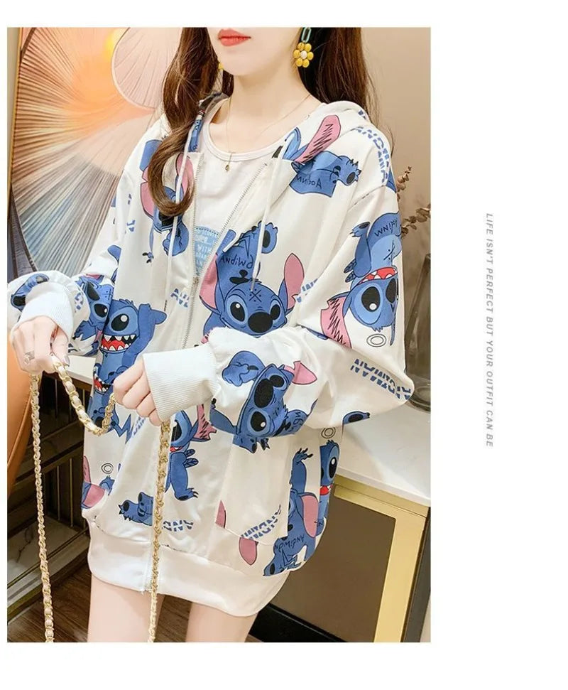 New Lilo and Stitch Hooded Sweatshirt Kawaii Women's Loose Top Thin Design Anime Printed Accessories Cartoon Cardigan Jacket