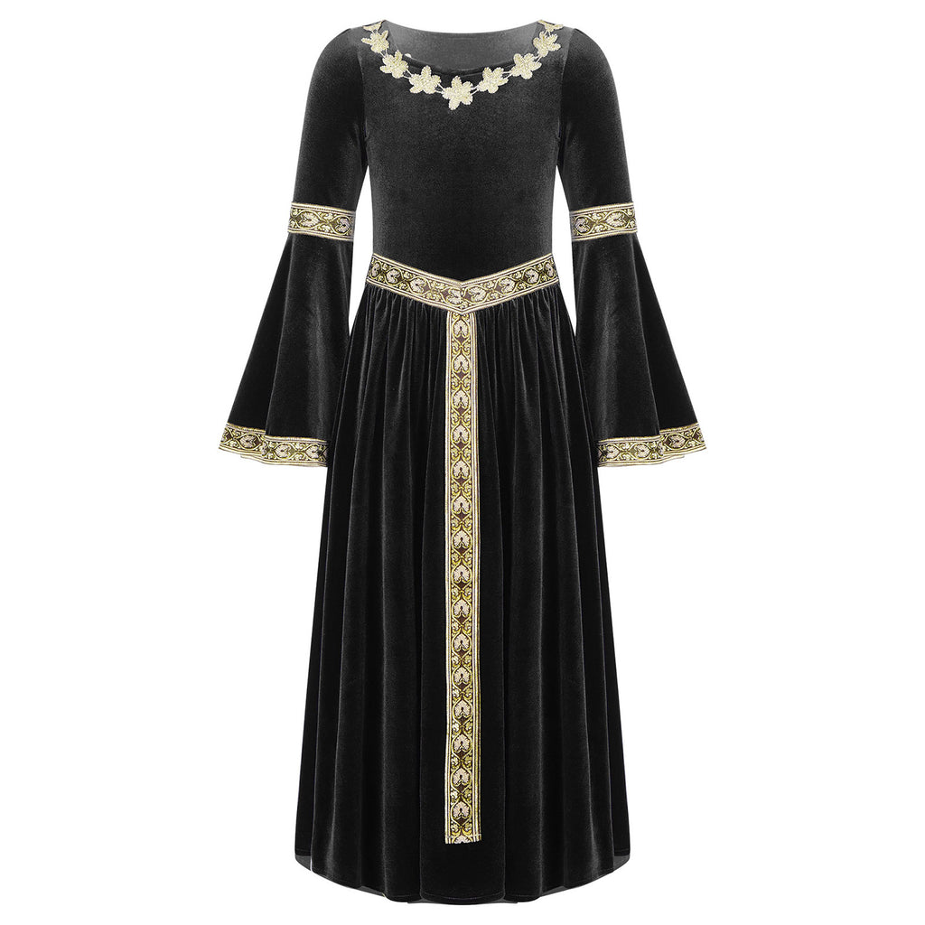 Kids Girls Medieval Renaissance Princess Costume Velvet Long Flare Sleeve Vintage Dress Gown Carnival Party Cosplay Dress Up