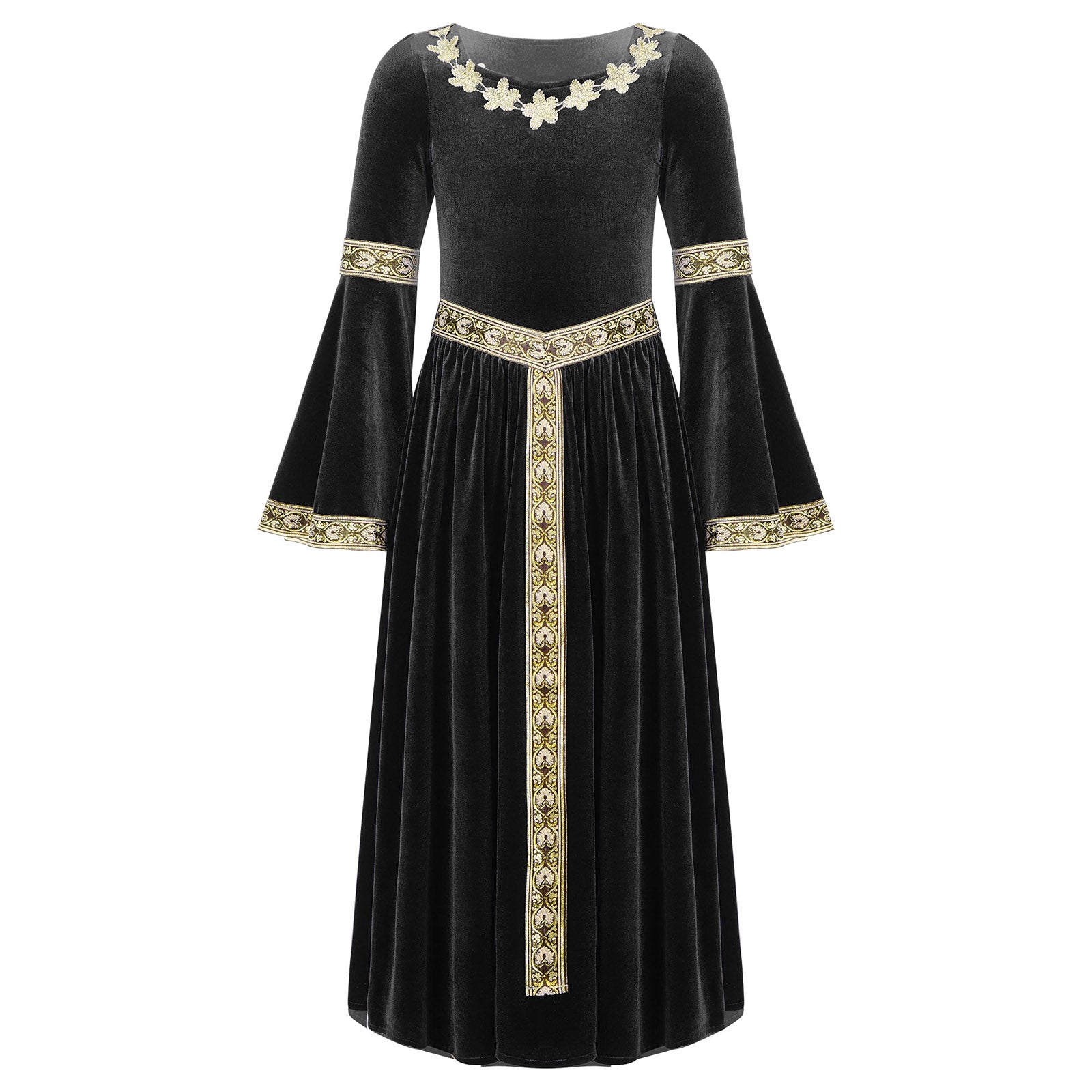 Kids Girls Medieval Renaissance Princess Costume Velvet Long Flare Sleeve Vintage Dress Gown Carnival Party Cosplay Dress Up