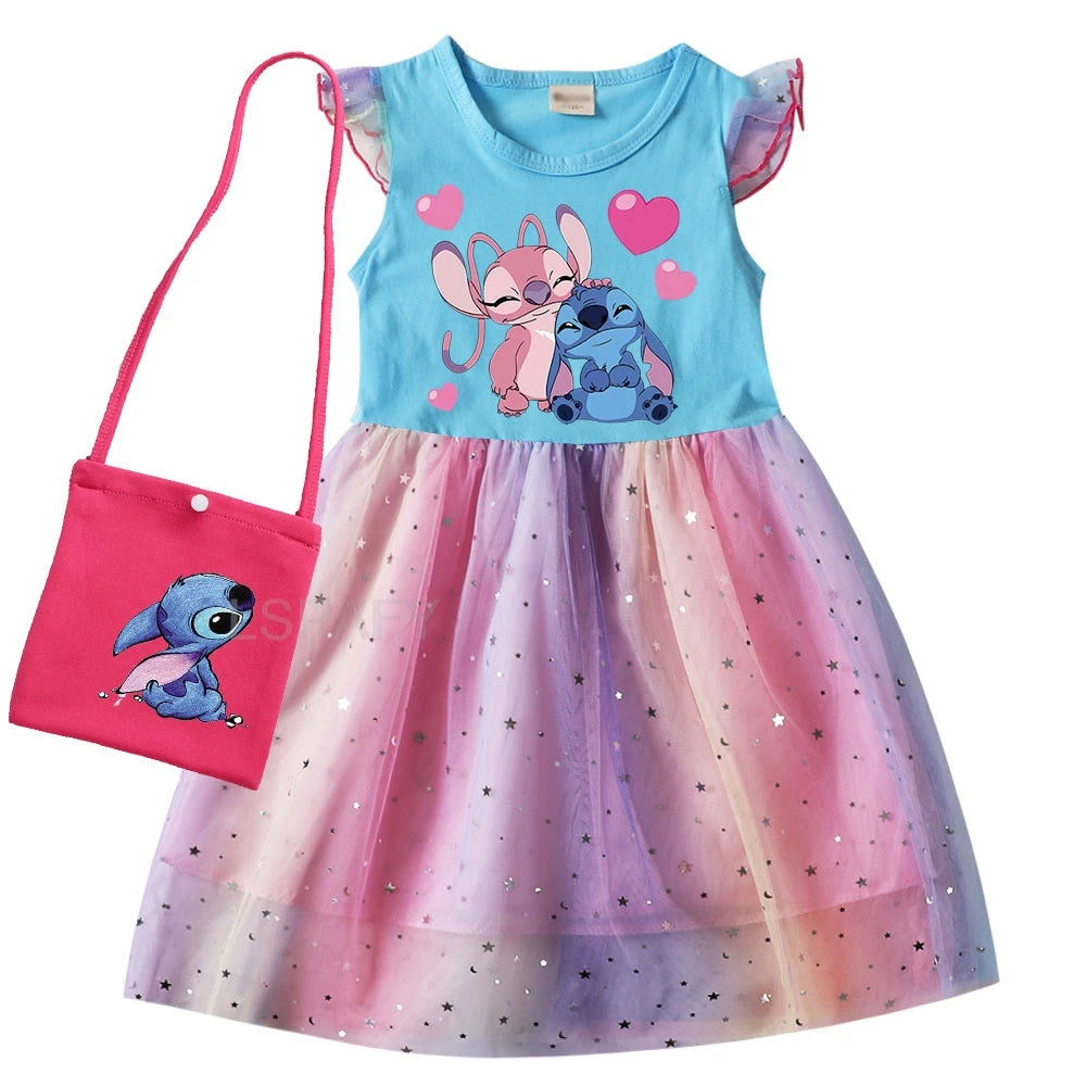 Hot Lilo And Stitch Girls Children Spring Summer Tutu Stitch Dress +Bag Kids Princess Girls Birthday Party Dress Costume