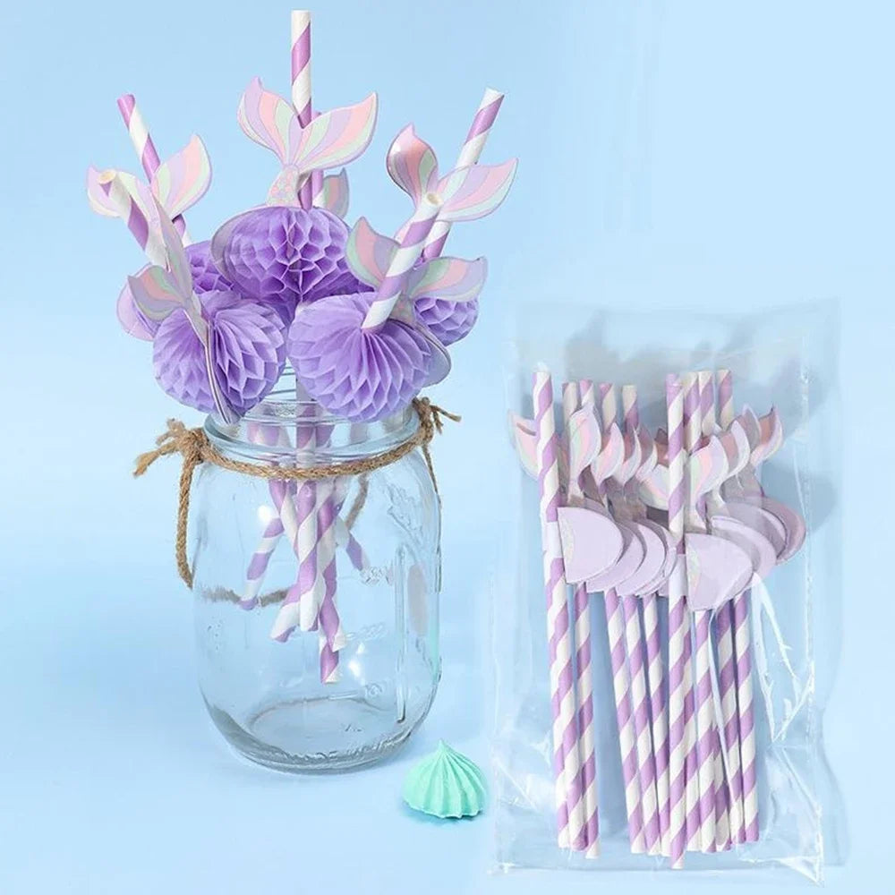 10pcs Purple Mermaid Paper Honeycomb Ball Straw Girls Mermaid Birthday Baby Shower Party Under The Sea Party Supplies Kids Favor
