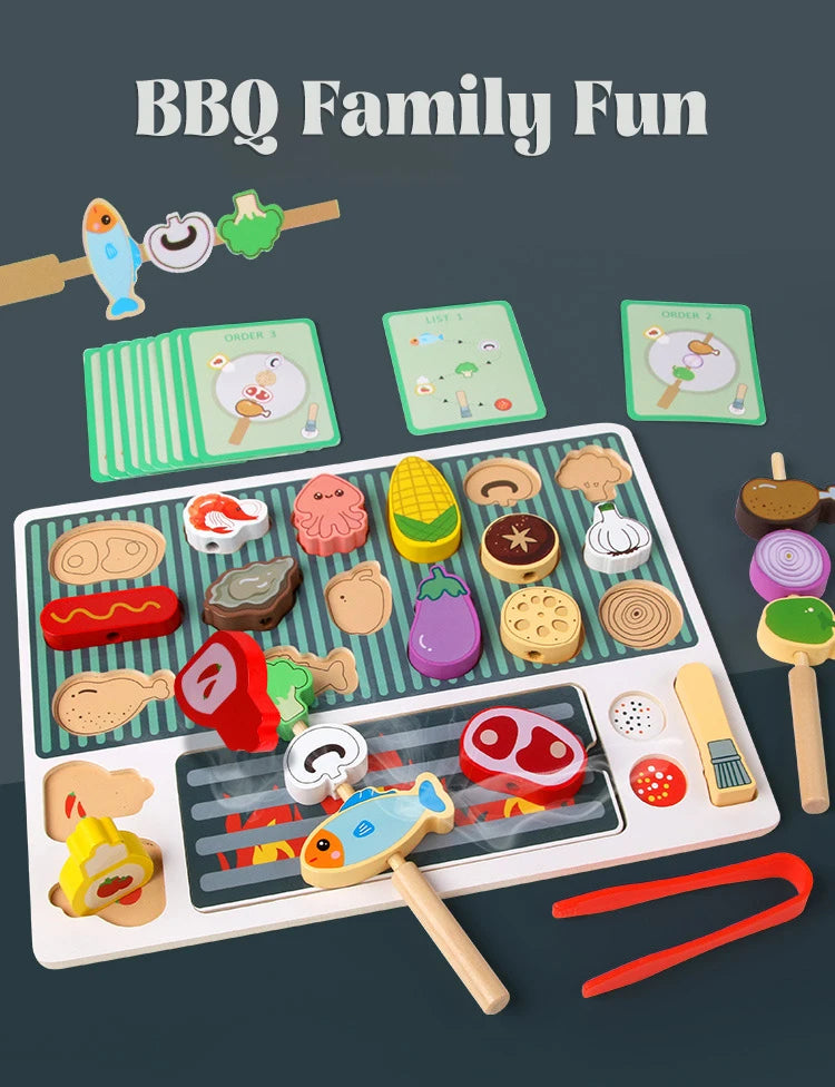 Children Wooden Barbecue Toys Kids Wooden Simulation Food Barbecue Cooking Kitchen Toys Parent-Child Interaction Play House Toys