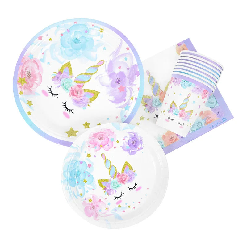 48Pcs/Set Unicorn Theme Birthday Disposable Tableware Set Paper Plates Napkins Cups Birthday Party Decoration Kids Favors Gift