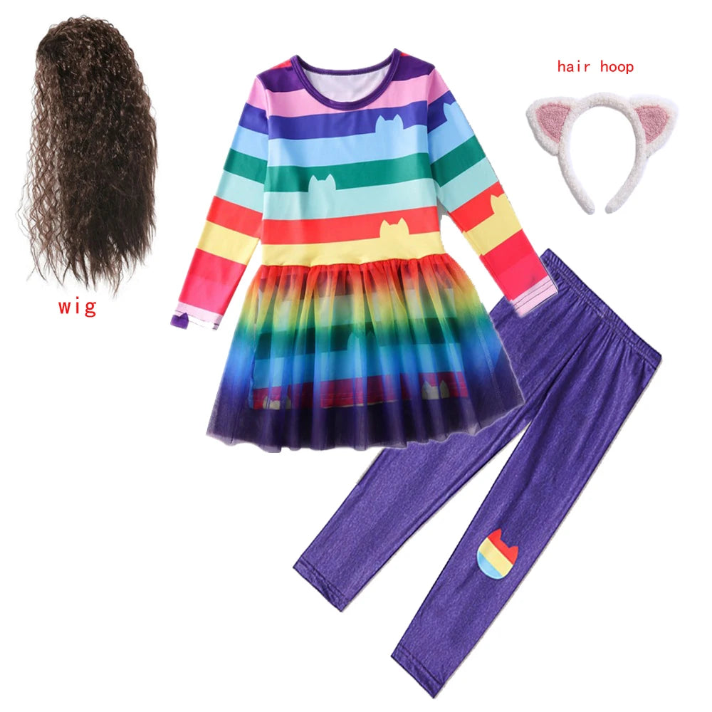 Gabby Cats Baby Girls Summer Gabby's Dollhouse Dress Rainbow stripe Kids Cosplay Princess Toddler Birthday Party Dresses+wig