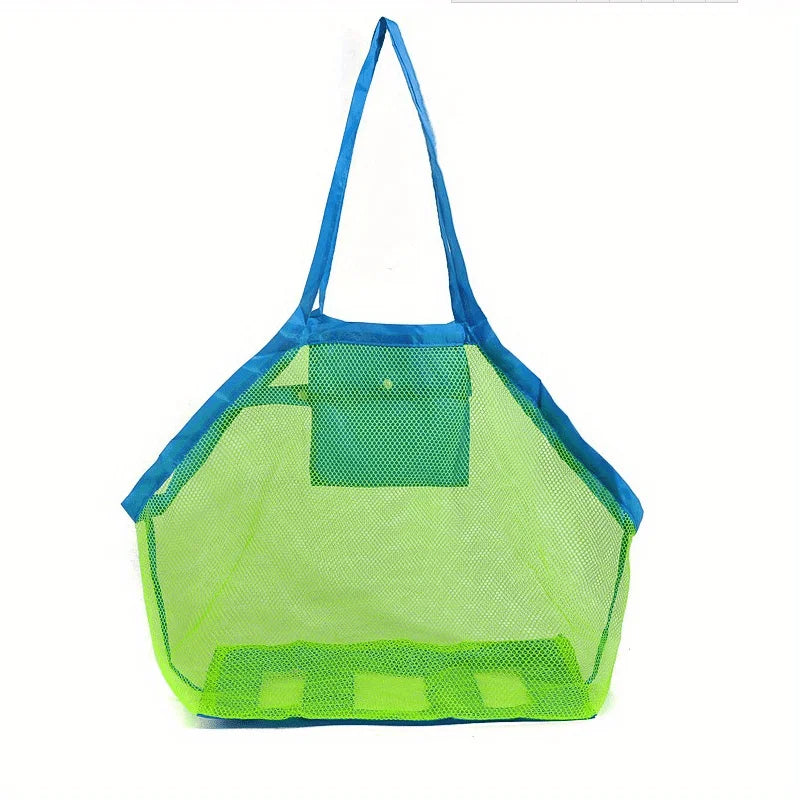 Youngsters' Large Mesh Beach Toy Bag with Blue and Green Side Pockets - Durable Seashell Collecting Tote for Sand Toys, Swimming