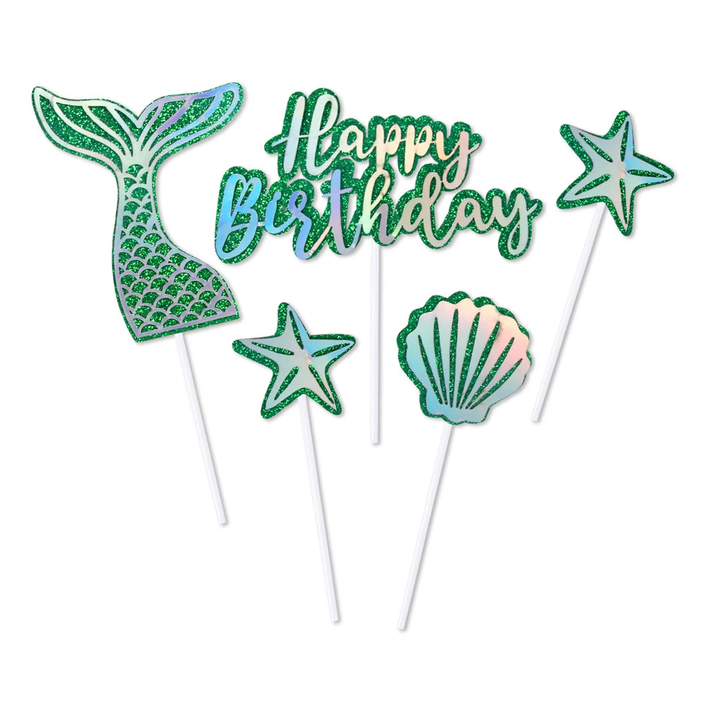 Mermaid Party Cake Decor Glitter Shell Starfish Mermaid Tail Cake Topper Under the Sea Girls 1st 2th Birthday Cupcake Topper