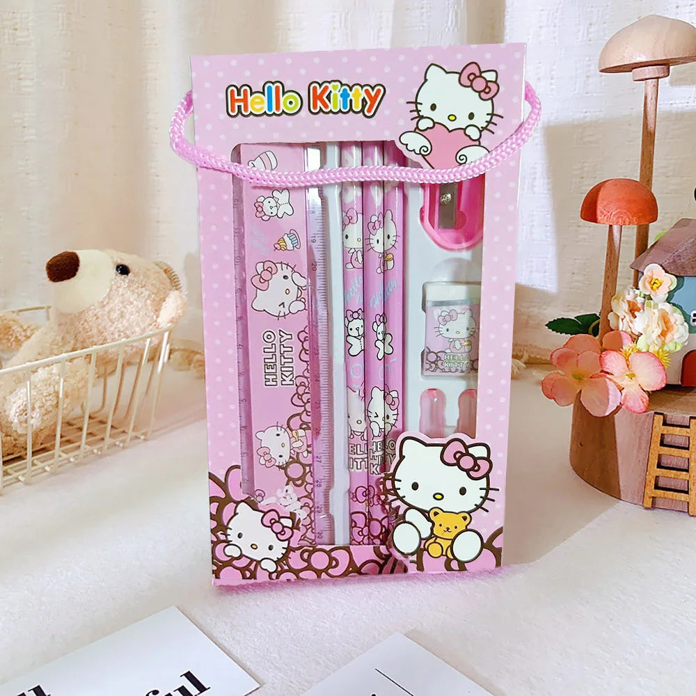 Sanrio Hellokitty Cinnamoroll Melody Kuromi Stationery Set Pencils Erasers Rulers Cartoon School Supplies Study Stationery Gifts