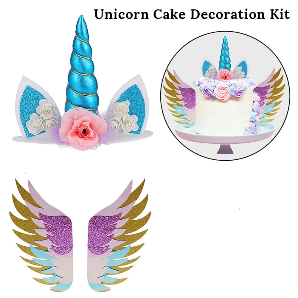 Unicorn Cake Toppers Rainbow Unicorn Horn Wings Girl Birthday Party DIY Decoration Cupcake Wrapper Unicorn Theme Party Supplies