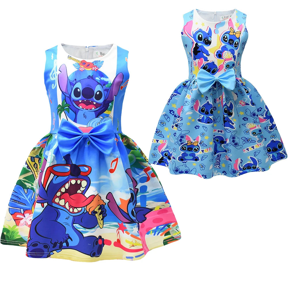 Lilo and Stitch Dress Summer Sweet Cute Animated Movie Stitch Printed Bow Tutu Skirt Kids Girls Birthday Party Princess Costumes
