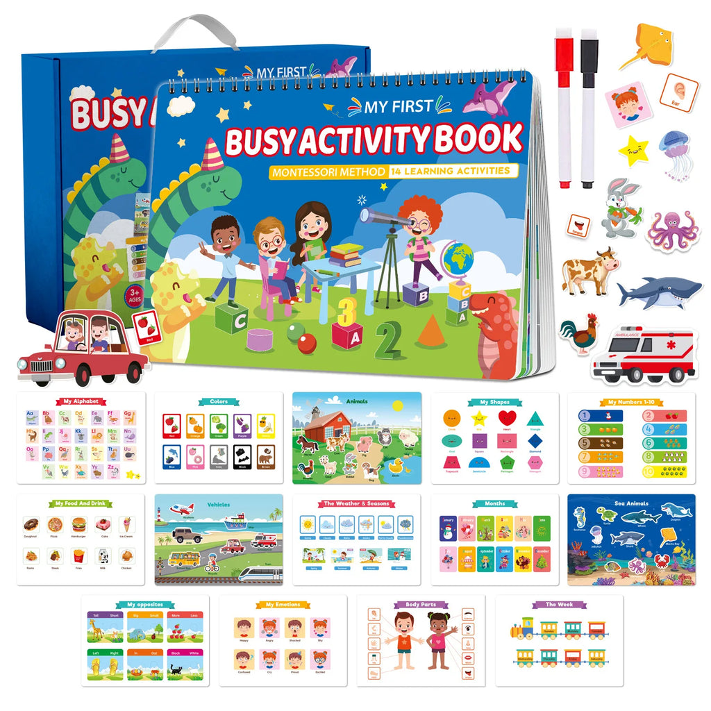 Kids Busy Book Activity Set - Montessori Learning, 14 Themes, Reusable Stickers & Drawing, Gift Box - Early Education Toy