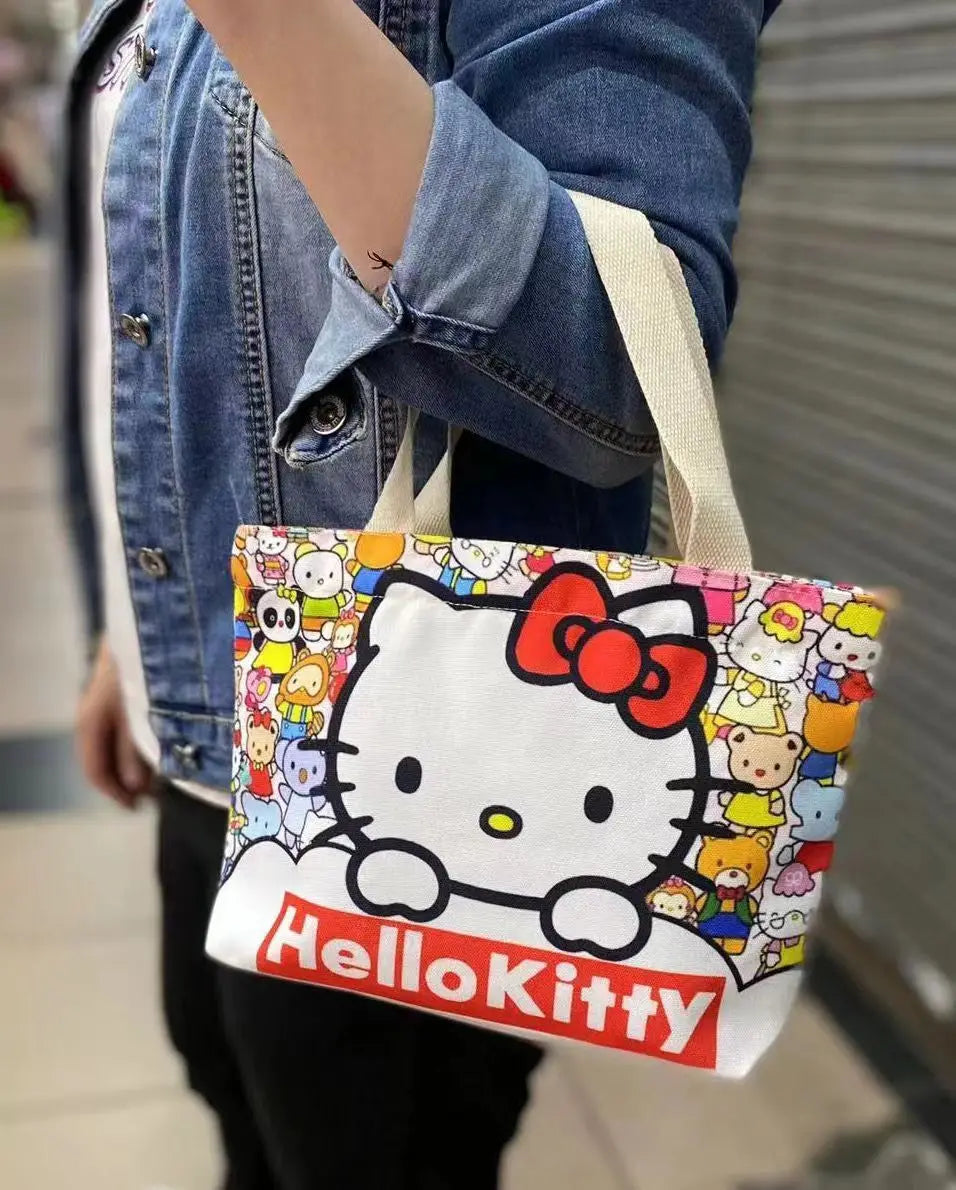 Ins New Sanrioed Hello Kittyed Tote HandbagCanvas Bag Kawaii Kitty Shoulder Bags HighCapacity Lunch Box Bag Tote Gift Toy