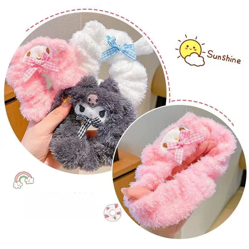 4Pcs Sanrio Hello Kitty Plush Elastic Hair Rope Cute Anime Cartoon Girls Hair Accessories Hair Band Charm Ponytail Holder Gifts
