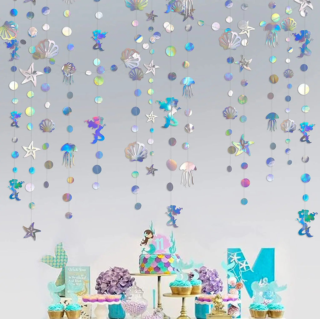 4M Mermaid Themed Silver Dazzling Gradient Pendant Banner Mermaid Bubbles Shell Banner Children's Day Birthday Party Decorations