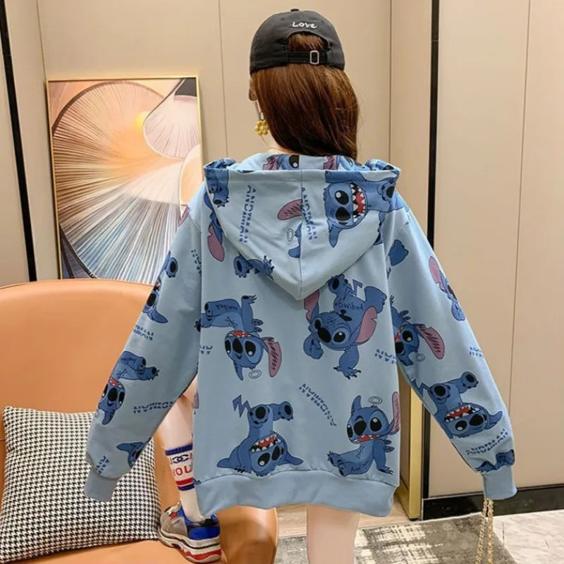 New Lilo and Stitch Hooded Sweatshirt Kawaii Women's Loose Top Thin Design Anime Printed Accessories Cartoon Cardigan Jacket