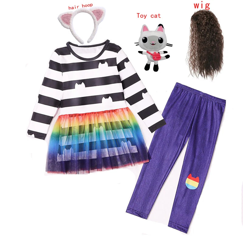 Gabby Cats Baby Girls Summer Gabby's Dollhouse Dress Rainbow stripe Kids Cosplay Princess Toddler Birthday Party Dresses+wig