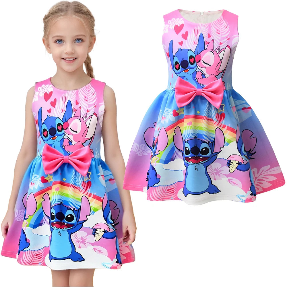 Lilo and Stitch Dress Summer Sweet Cute Animated Movie Stitch Printed Bow Tutu Skirt Kids Girls Birthday Party Princess Costumes