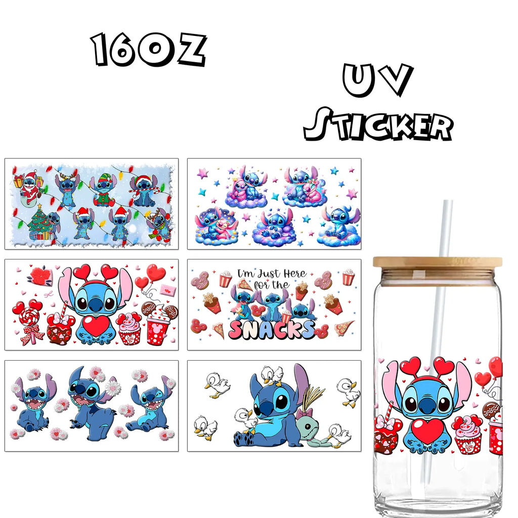Stitch Christmas Love Sweet Glass Cup Decals Cup Wrap Sticker UV DTF Long-Lasting Adhesive Labels DIY Sticker Kits for Drinkware