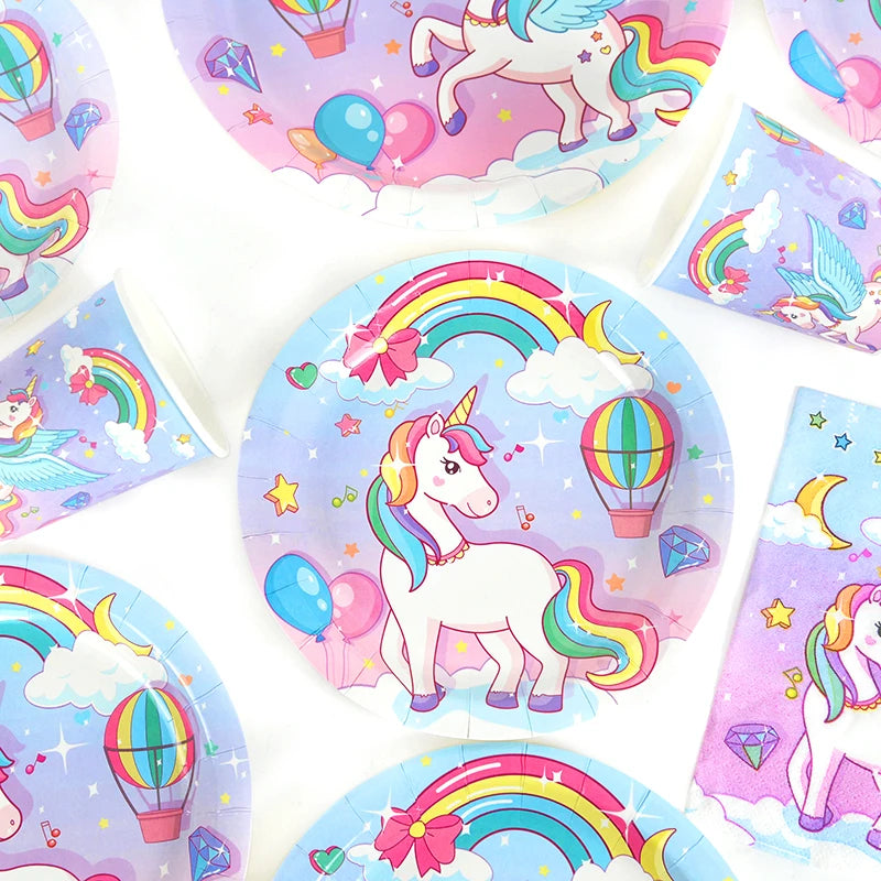 61Pcs/set Rainbow Unicorn Disposable Tableware Paper Plate Cup Tablecloth Girls Unicorn Theme Birthday Party Decoration Supplies