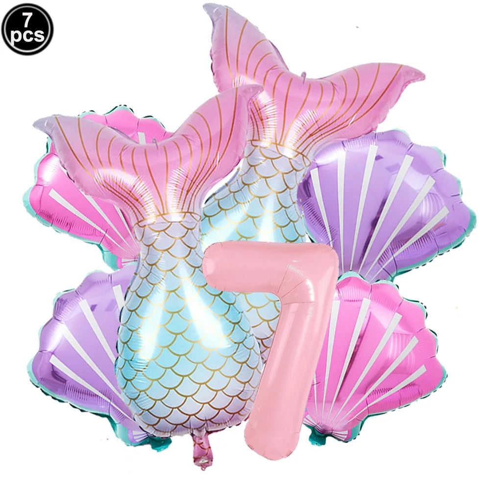 Mermaid Birthday Decorations 7 Pcs Mermaid Foil Balloon Mermaid Tail Balloon Mermaid Decor for 1st-9th Birthday Party Baby Showe