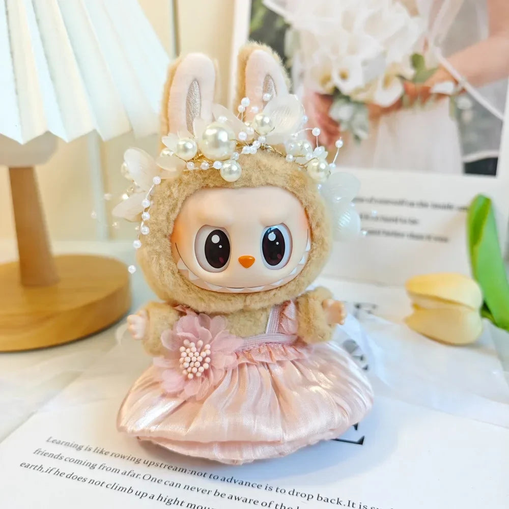 Mini Plush Doll's Clothes Bud Skirt with Pearl Hair Accessory Labubu I II Idol Dolls Korea Kpop Doll DIY Clothing Gifts