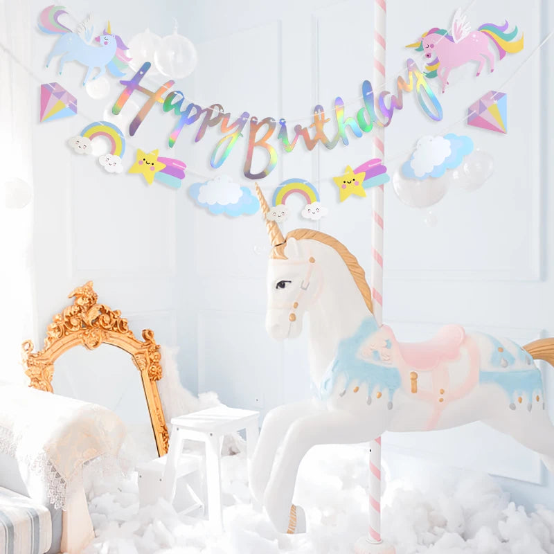 3M Girls Unicorn Birthday Banner Bunting Cute Cloud Star Happy Birthday Banner Paper Garland For Baby Shower Party Hanging Decor