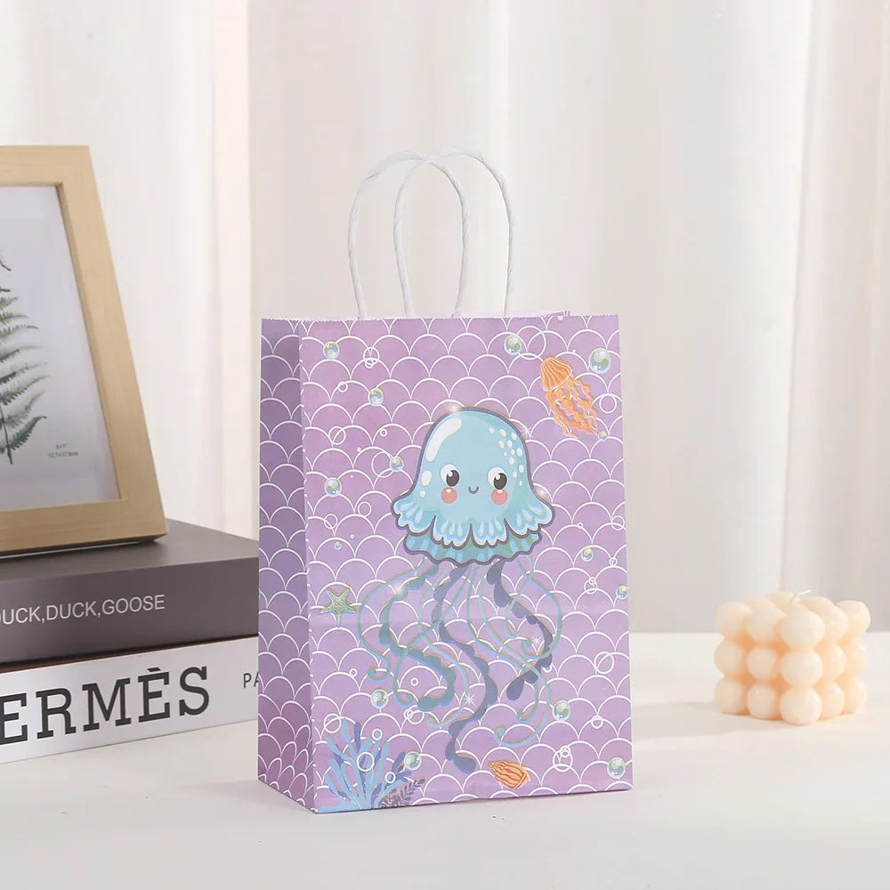 6Pcs Cartoon Ocean Theme Paper Gift Packing Bags Mermaid Shell Candy Cookie Bag for Girl Birthday Baby Shower Party Decoration