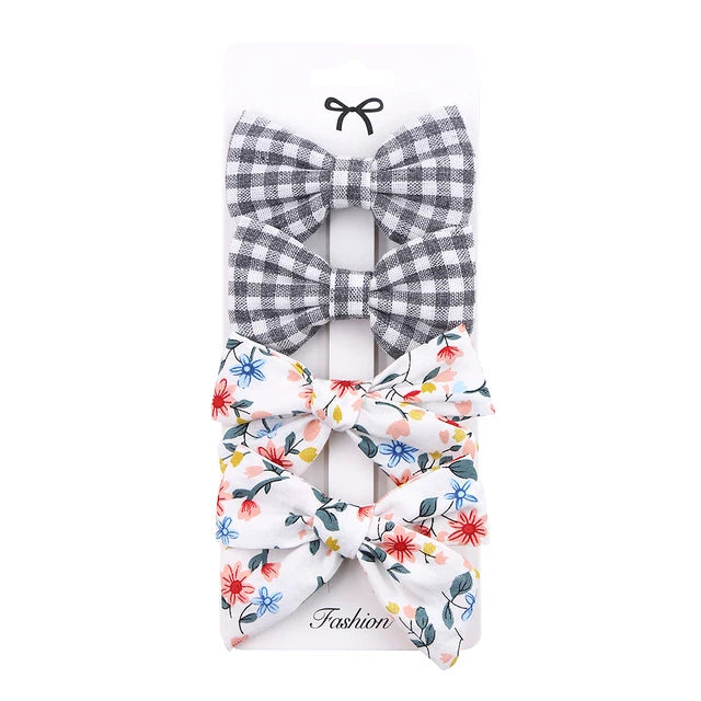 4Pcs/set Floral Print Hair Bow Clips Baby Girls Lace Cotton Linen BB Barrettes Safety Hairpins Korea Kids Headwear Accessories