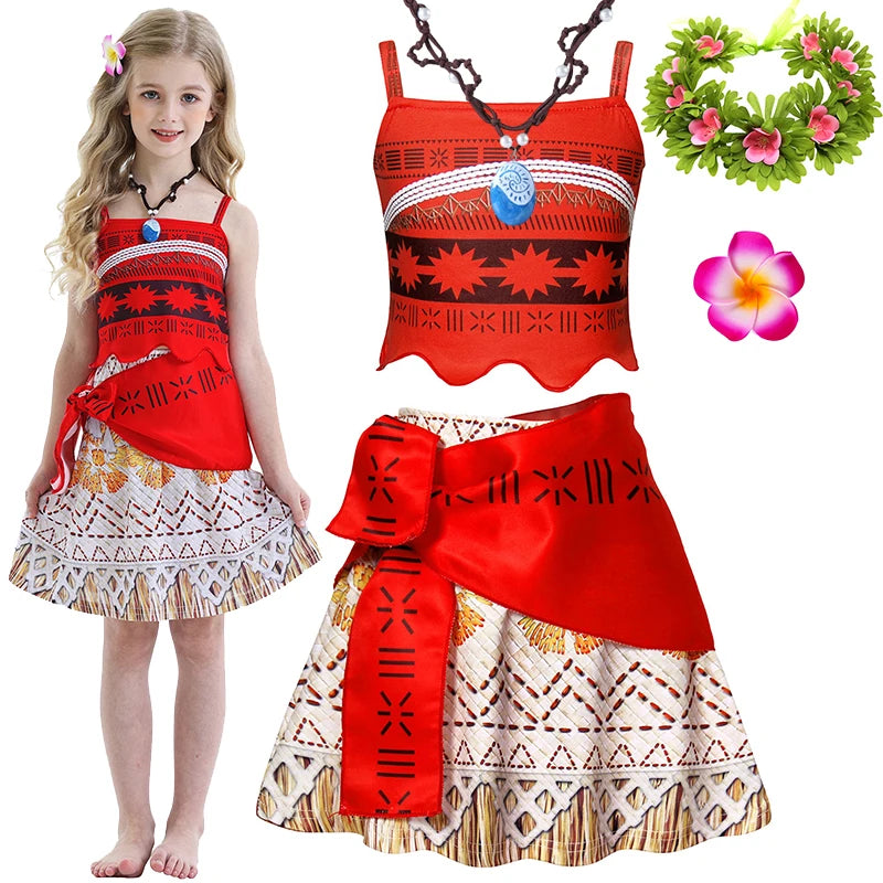 Moana New Dress Girls Princess Clothes Kids Dress Up Vaiana Necklace Pig Chick Children Carnival Party Summer Costume Set 2-10T